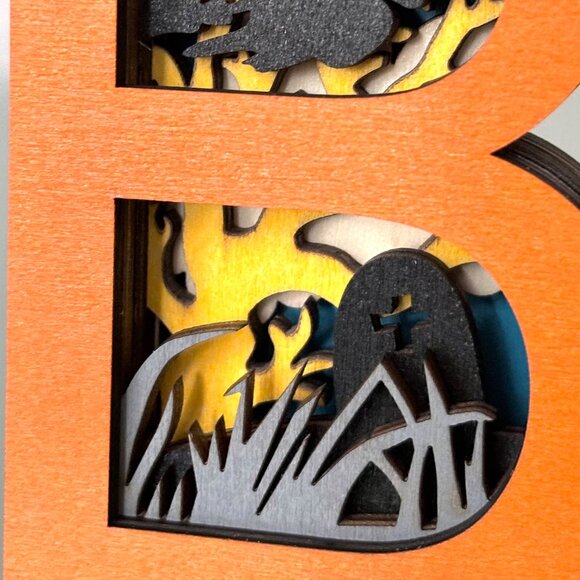 Halloween BOO Pumpkins Haunted House Witch Bats Wood Wooden 3D Diorama Sculpture - Picture 7 of 11